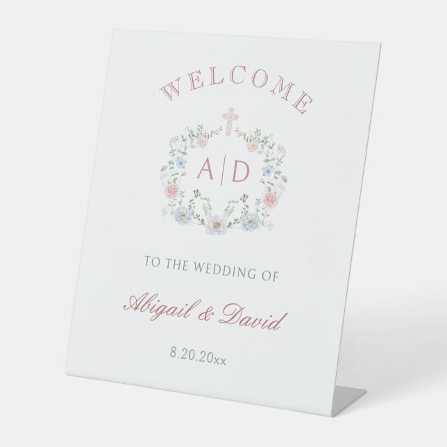 Floral Frame Religious Wedding Monograms Welcome Pedestal Sign (Front)