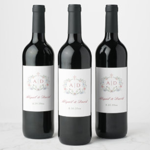 Floral Frame Religious Wedding Monograms Wine Label