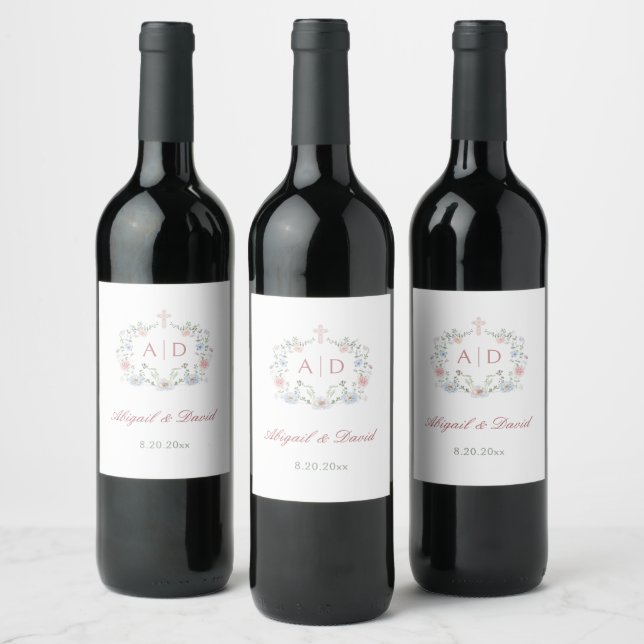 Floral Frame Religious Wedding Monograms Wine Label (Bottles)