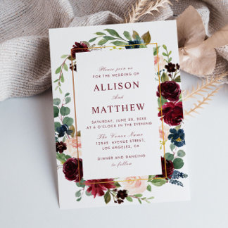 Floral frame watercolor burgundy blooms wedding invitation