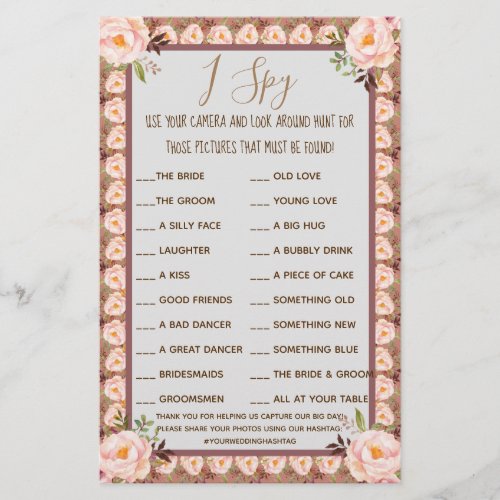 Floral Frame Wedding Reception I Spy Game Card Flyer