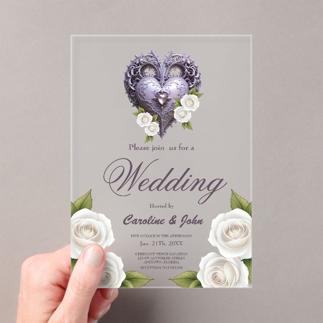 Floral frame with a heart and white roses acrylic invitations (Insitu (Handheld))