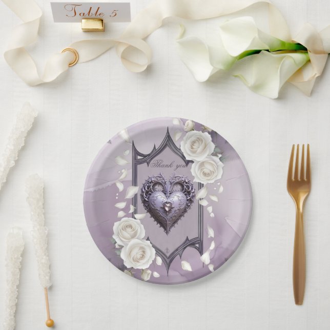 Floral frame with a heart and white roses  paper plates (Wedding)