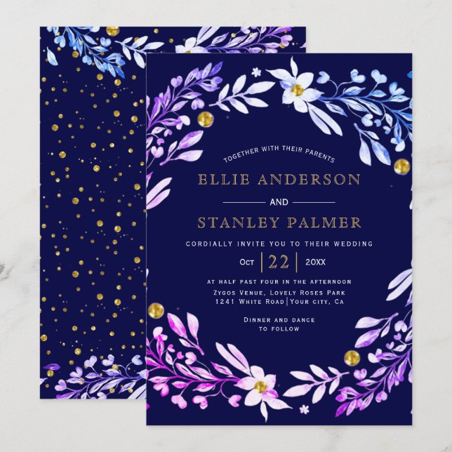 Floral frame with gold confetti navy blue wedding  invitation (Front/Back)