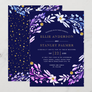 Floral frame with gold confetti navy blue wedding  invitation