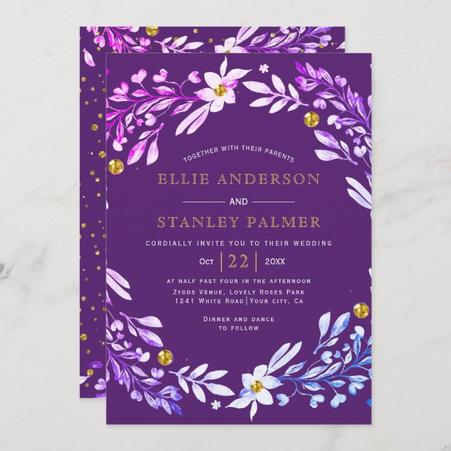 Floral frame with gold confetti purple wedding invitation (Front/Back)