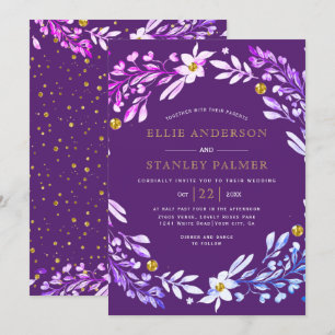 Floral frame with gold confetti purple wedding invitation