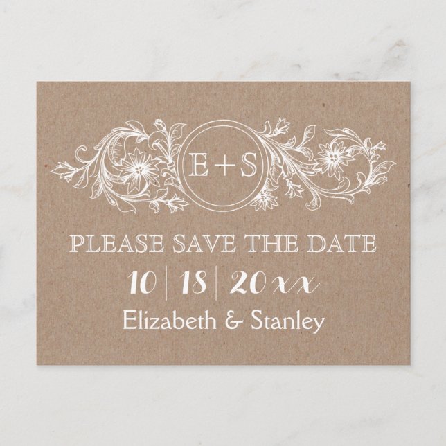 Floral frame with initials wedding Save the Date Announcement Postcard (Front)