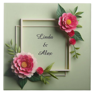 Floral Frame with Pink Flowers Ceramic Tile