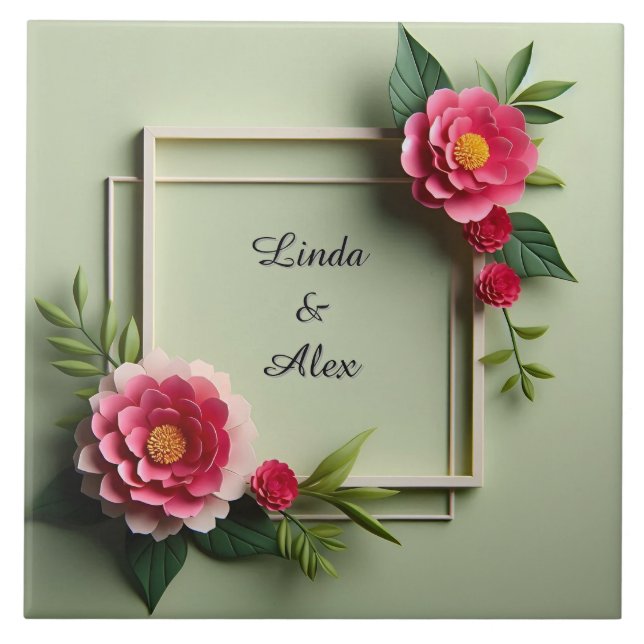 Floral Frame with Pink Flowers Ceramic Tile (Front)