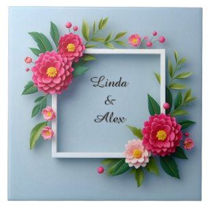 Floral Frame with Pink Flowers Ceramic Tile