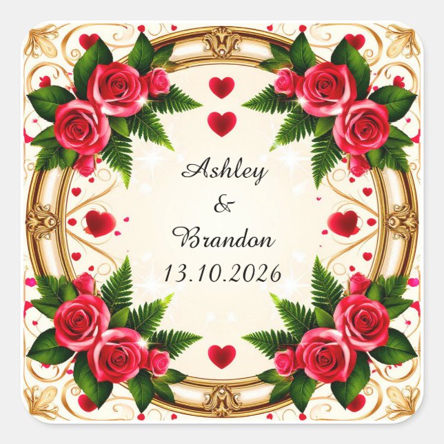 Floral Frame with Pink Roses Square Sticker (Front)