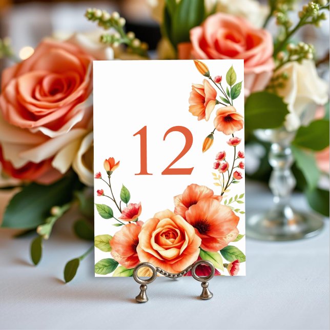Floral frame with warm orange flowers wedding table number (Creator Uploaded)