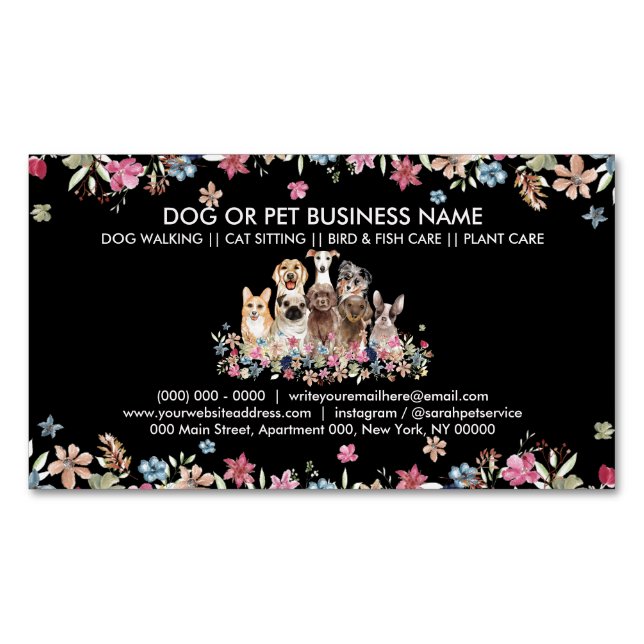 Floral Framed Cute Dogs Business Card Magnet (Front)