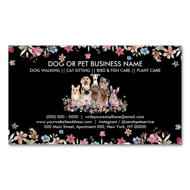 Floral Framed Cute Dogs Business Card Magnet