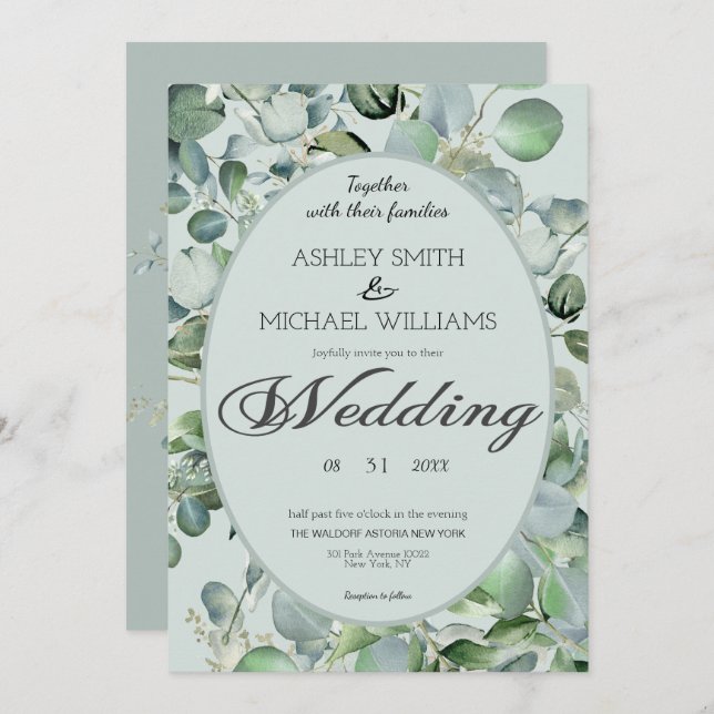 Floral Framed Eucalyptus Greenery Wedding Invitation (Front/Back)