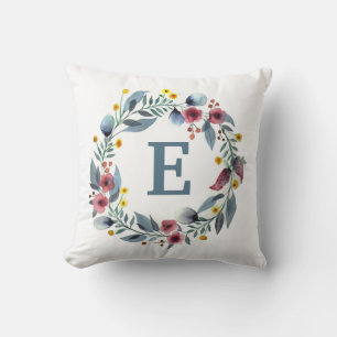 Floral Framed Monogram in Grey Pink Throw Pillow