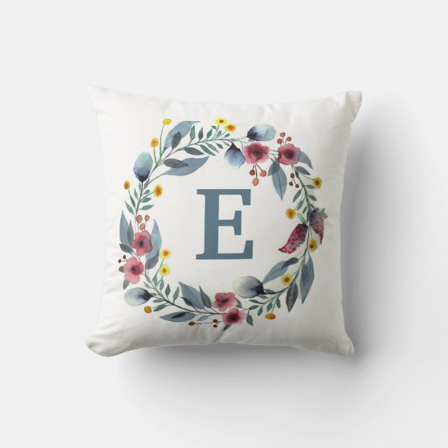 Floral Framed Monogram in Grey Pink Throw Pillow (Front)