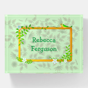 Floral Framed Nameplate with Leaf Background Paperweight