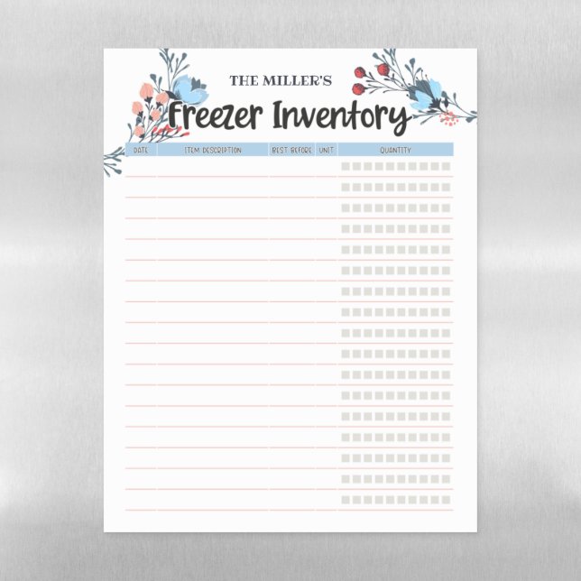 Floral Freezer Inventory Blue Magnetic Dry Erase Sheet (Vertical)