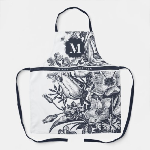 Floral French Farmhouse Monogram Navy White Apron