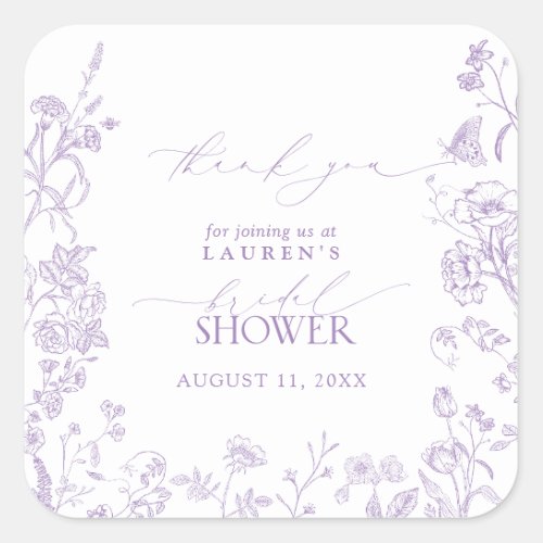 Floral French Lilac Bridal Shower Thank You Square Sticker