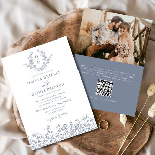 Floral French Monogram Photo Dusty Blue Wedding Invitation