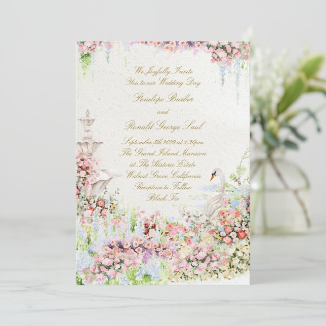 floral french romantic garden chateau swan wedding invitation (Standing Front)