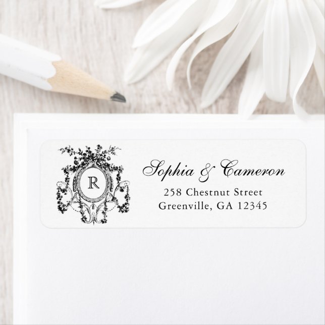 Floral French Roses Crest Monogram Return Address Label (Insitu)