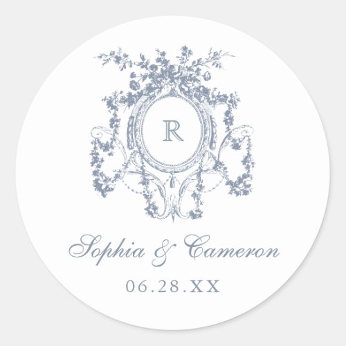 Floral French Roses Crest Wedding Monogram Classic Round Sticker
