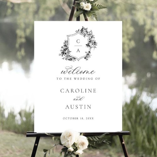 Floral French Roses Crest Wedding Welcome Sign