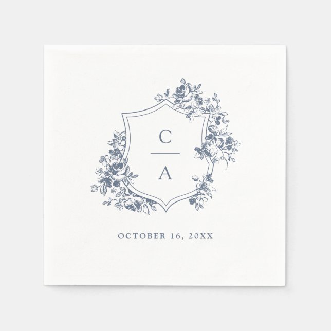 Floral French Roses Wedding Crest Dusty Blue Napkins (Front)