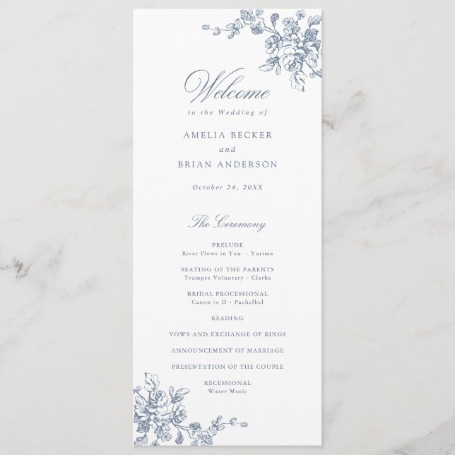Floral French Toile Vintage Wedding Program (Front)