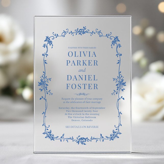 Floral French Victorian Royal Blue Wedding  Acrylic Invitations (Creator Uploaded)