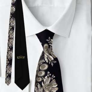 Floral French Vintage Black Silver Neck Tie