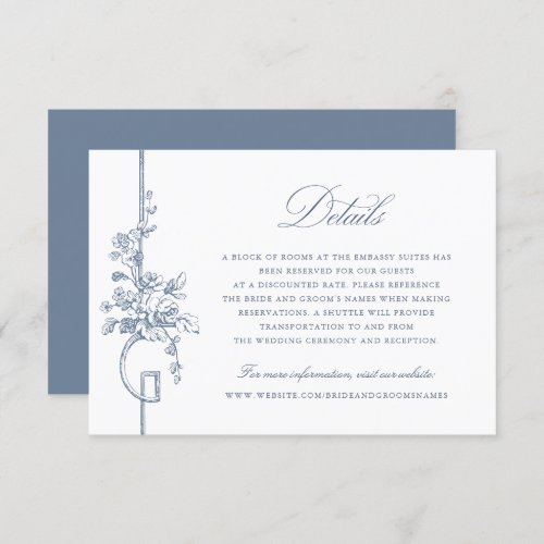 Floral French Vintage Blue Elegant Wedding Details Invitation