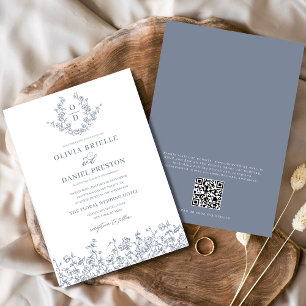 Floral French Vintage QR Code Dusty Blue Wedding Invitation