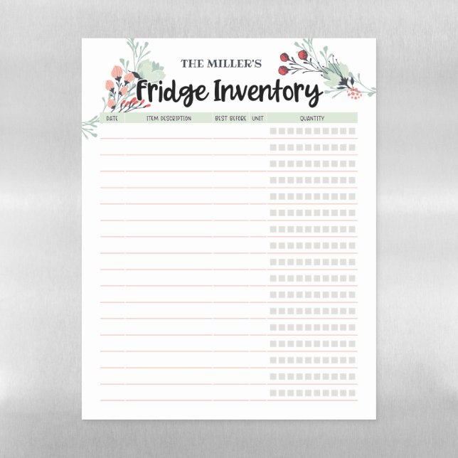 Floral Fridge Inventory Green Magnetic Dry Erase Sheet (Vertical)