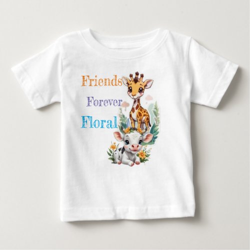 Floral Friends Baby Giraffe and Cow Among Flowers Baby T_Shirt