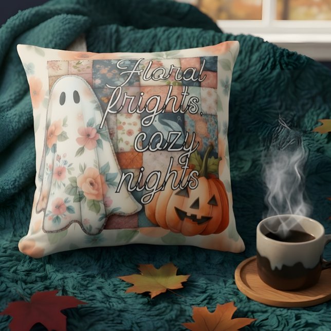 Floral Frights, Cozy Nights” Ghost & Pumpkin Patch Throw Pillow (Creator Uploaded)