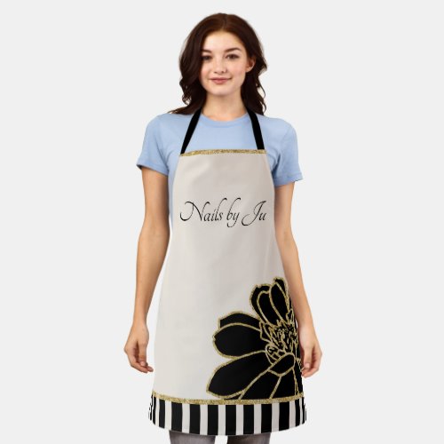 Floral Frocked Gold Border Black  Ivory Apron