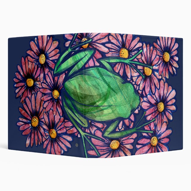 Floral Froggy Green tree Frog Art Daisy            3 Ring Binder (Background)