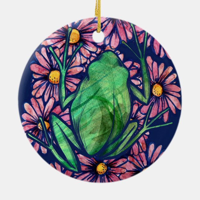 Floral Froggy Green tree Frog Art Daisy            Ceramic Ornament (Back)