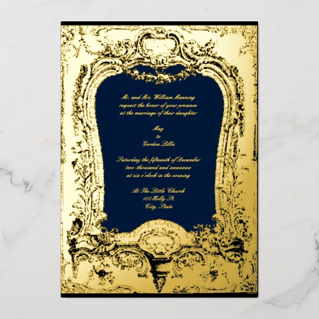 Floral, Fruit, Bird Baroque Rococo Frame Wedding Foil Invitation (Front)