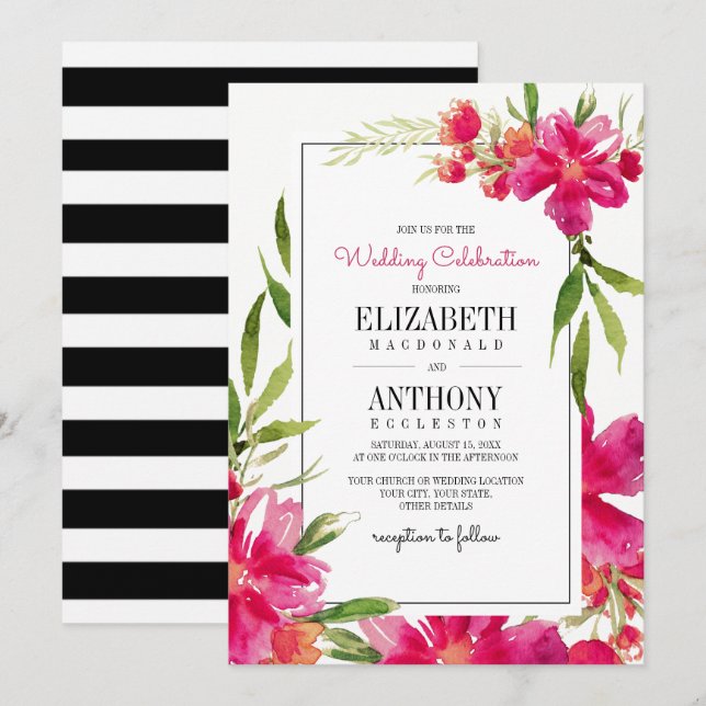 Floral Fuchsia | Green | Black Stripes Wedding Invitation (Front/Back)