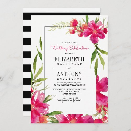 Floral Fuchsia  Green  Black Stripes Wedding Invitation