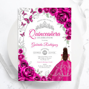 Floral Fuchsia Pink Silver Quinceanera Invitation