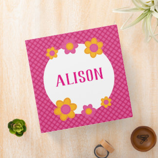 Floral fuchsia plaid girl name 3 ring binder