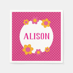 Floral fuchsia plaid girl name daisies napkins