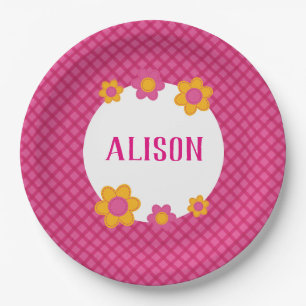 Floral fuchsia plaid girl name paper plates